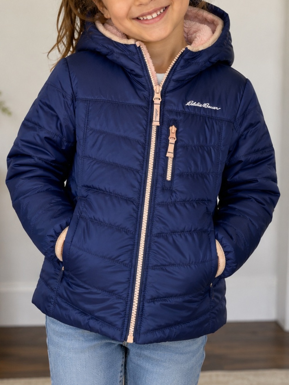 Eddie Bauer Girls' Deer Harbor Reversible Hooded Jacket in navy blue and pink xs